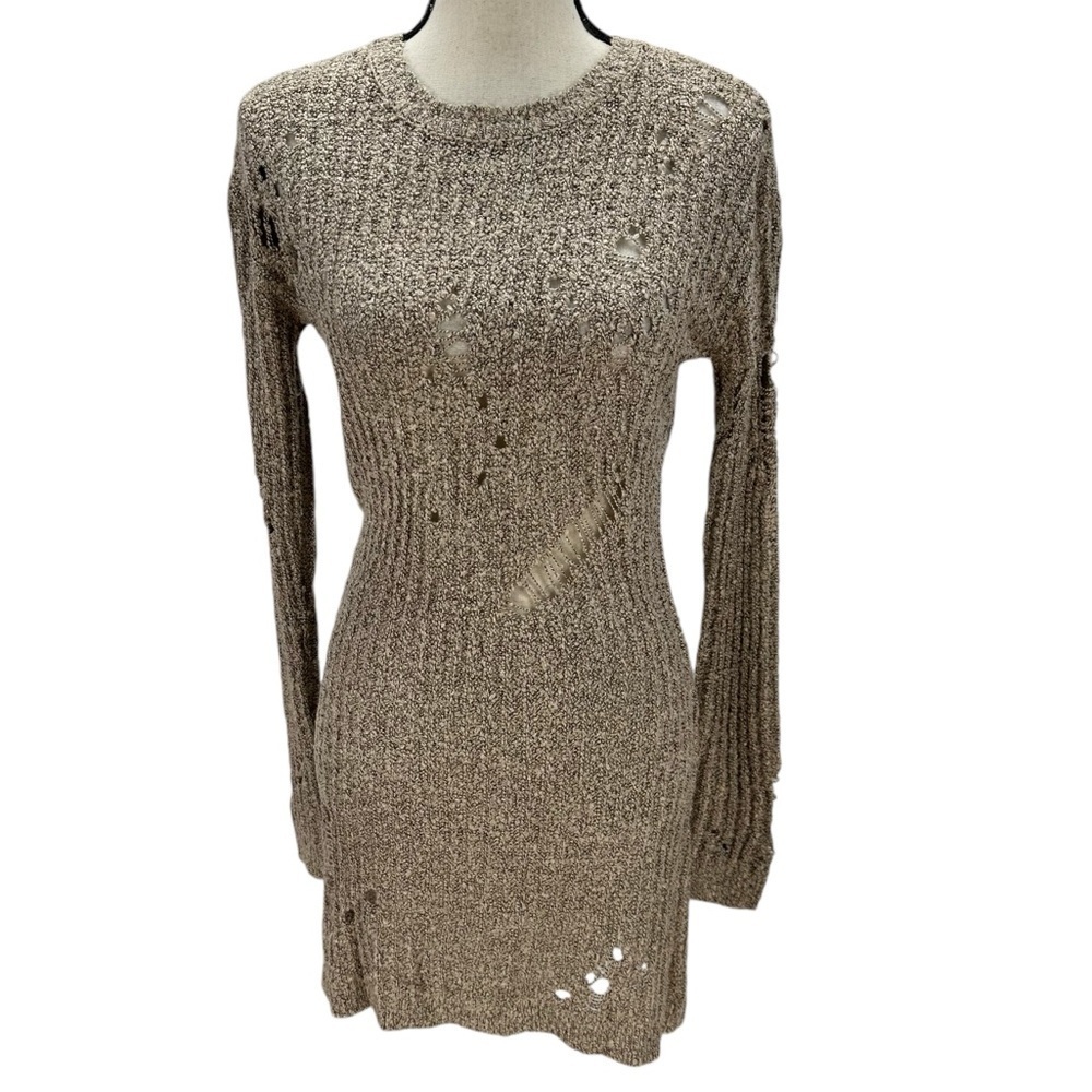 Planet Gold Long Sleeve Distressed Sweater Mini Dress - Tan - size XS